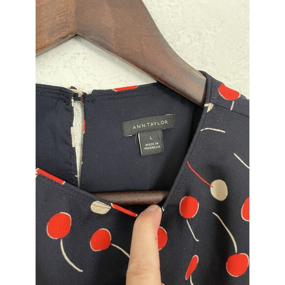 Ann Taylor Womens Large Cherry Print Shift Dress Long Sleeve Knee Length Blue - Picture 9 of 10